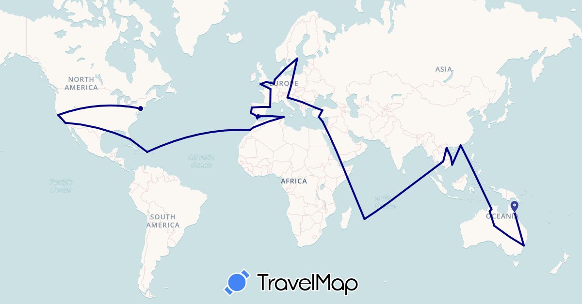 TravelMap itinerary: driving in Australia, Belgium, Cyprus, Czech Republic, Dominican Republic, Spain, France, United Kingdom, Hong Kong, Italy, Cambodia, Morocco, Mauritius, Netherlands, Portugal, Sweden, Tunisia, Turkey, United States, Vietnam (Africa, Asia, Europe, North America, Oceania)